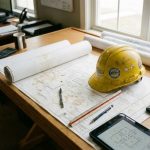 Planos de construcción con casco de seguridad amarillo, bolígrafos y tableta en una oficina de arquitectura.
