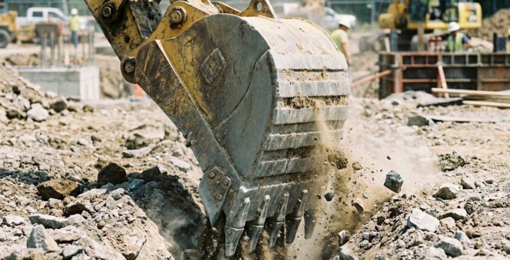 Retroexcavadora en acción moviendo tierra en un sitio de construcción