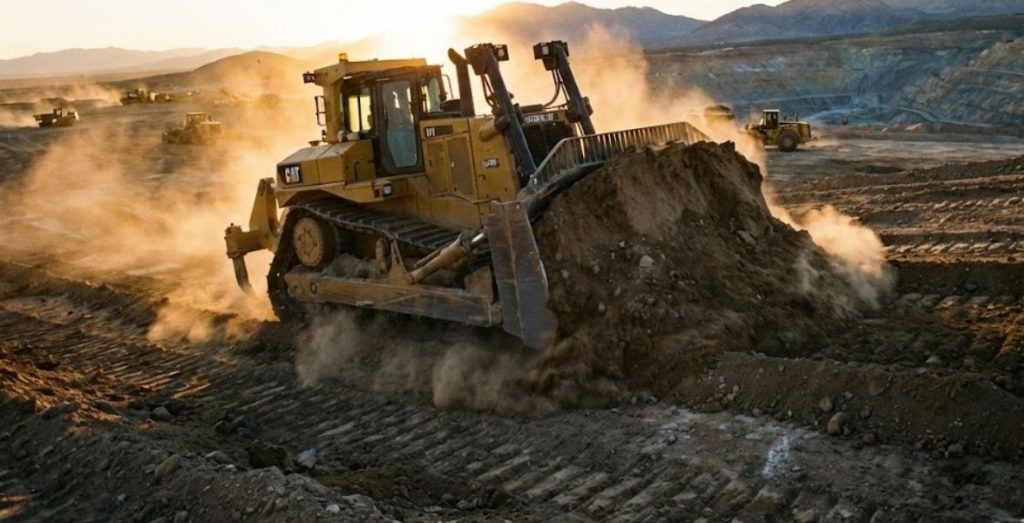 Bulldozer moviendo tierra en un sitio de construcción al atardecer con montañas al fondo.