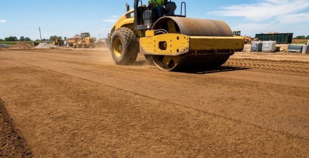 Rodillo compactador amarillo trabajando en una obra de construcción sobre una superficie de tierra nivelada.