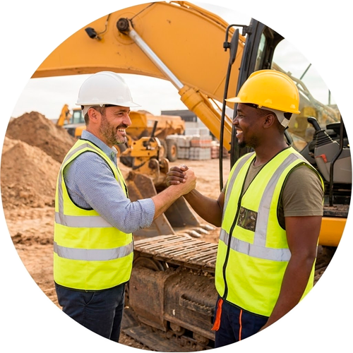 Dos trabajadores de la construcción con chalecos reflectantes y cascos, dándose un apretón de manos frente a una excavadora en un sitio de construcción.
