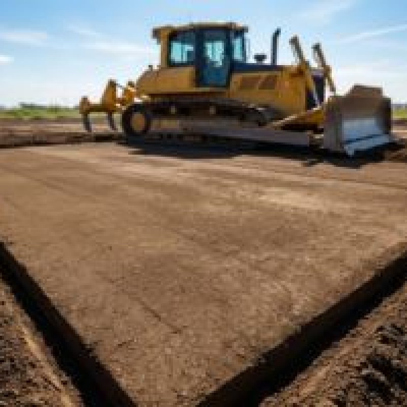 Bulldozer amarillo nivelando un terreno en un sitio de construcción bajo un cielo azul